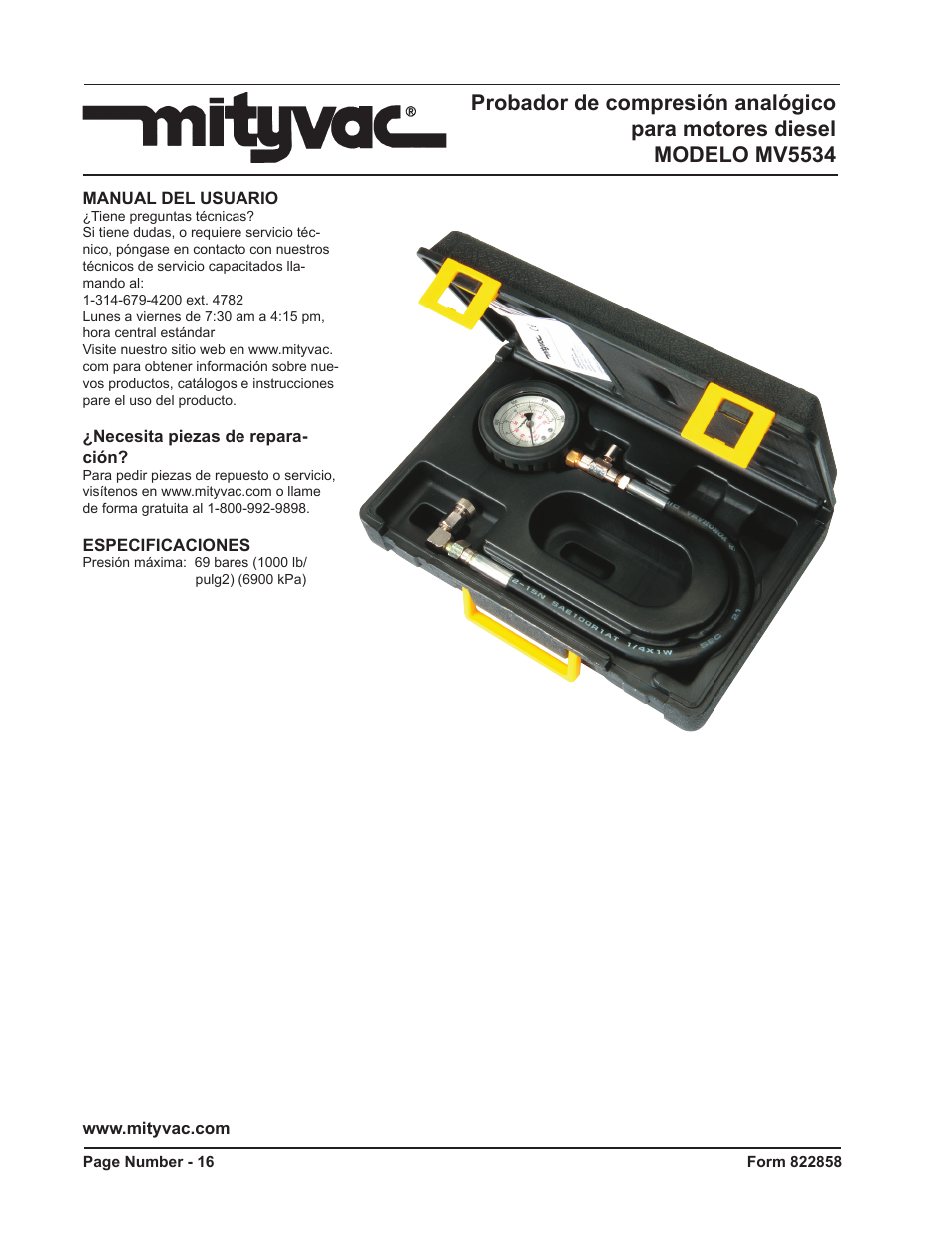 Mityvac MV5534 Analog Diesel Compression Tester User Manual | Page 16 / 20