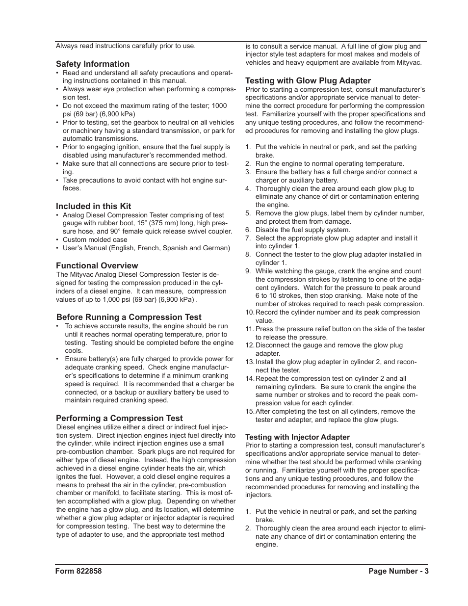 Mityvac MV5534 Analog Diesel Compression Tester User Manual | Page 3 / 20