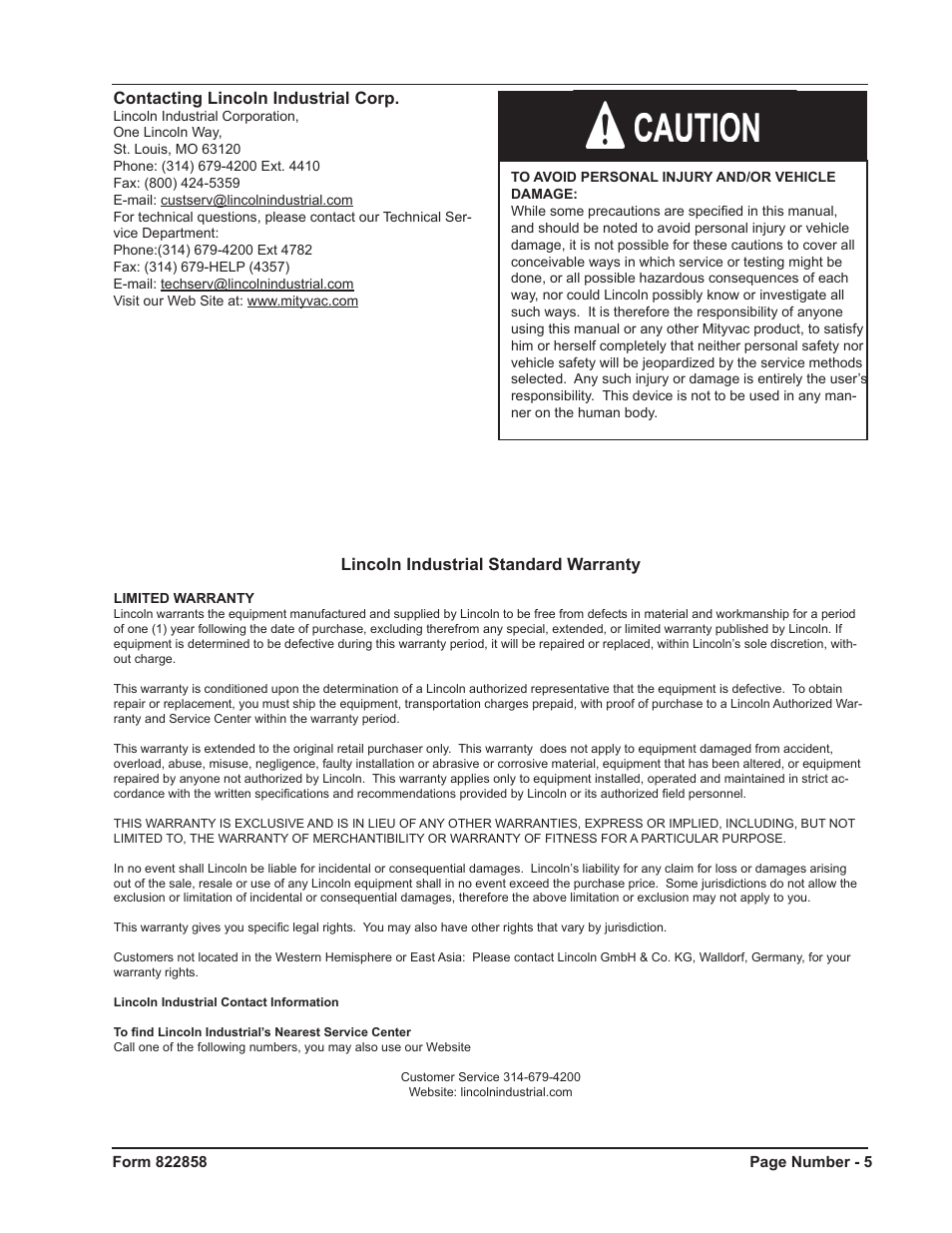 Contacting lincoln industrial corp, Lincoln industrial standard warranty | Mityvac MV5534 Analog Diesel Compression Tester User Manual | Page 5 / 20