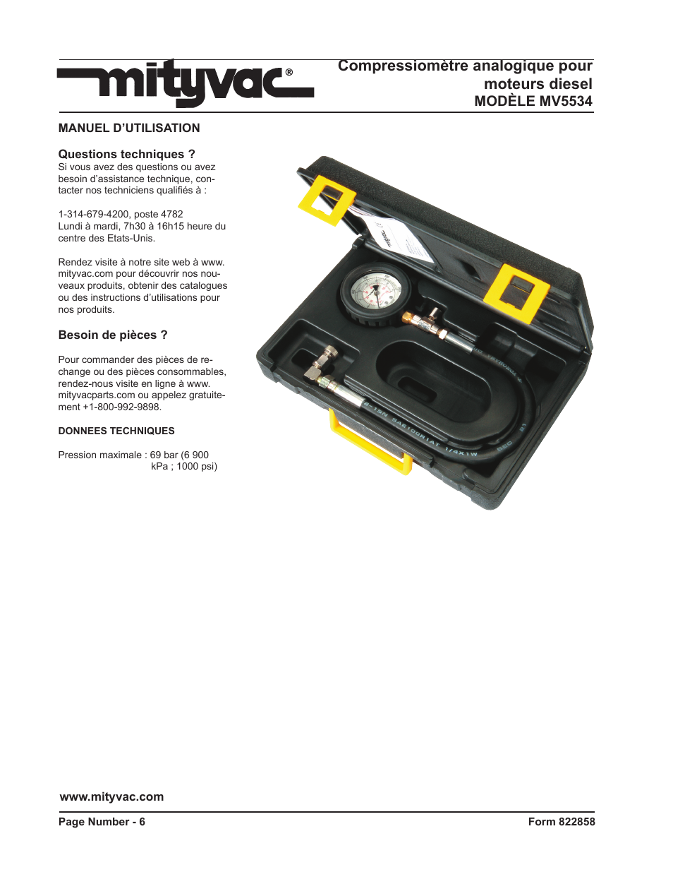 Compressiomètre analogique pour moteurs diesel, Modèle mv5534 | Mityvac MV5534 Analog Diesel Compression Tester User Manual | Page 6 / 20