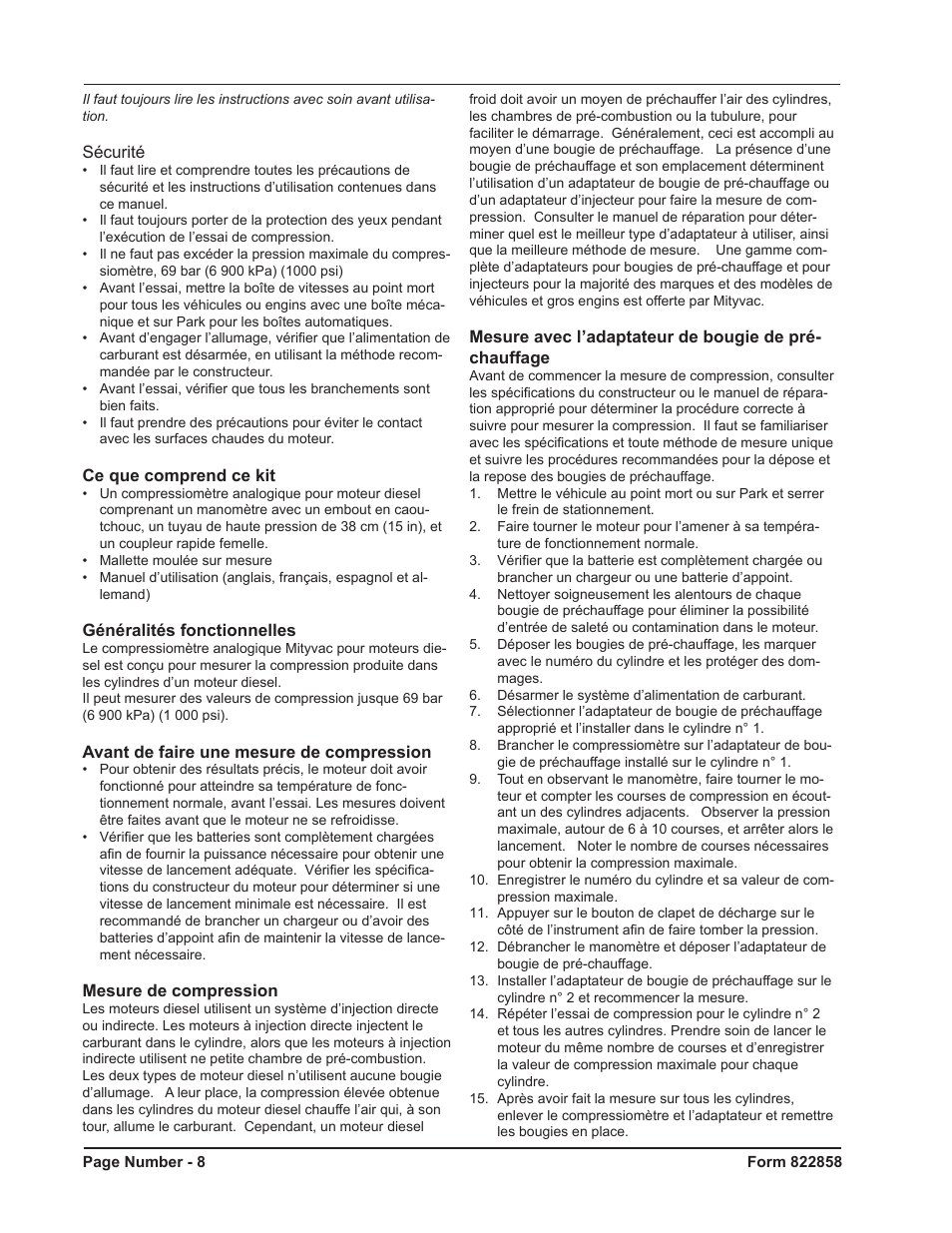 Mityvac MV5534 Analog Diesel Compression Tester User Manual | Page 8 / 20