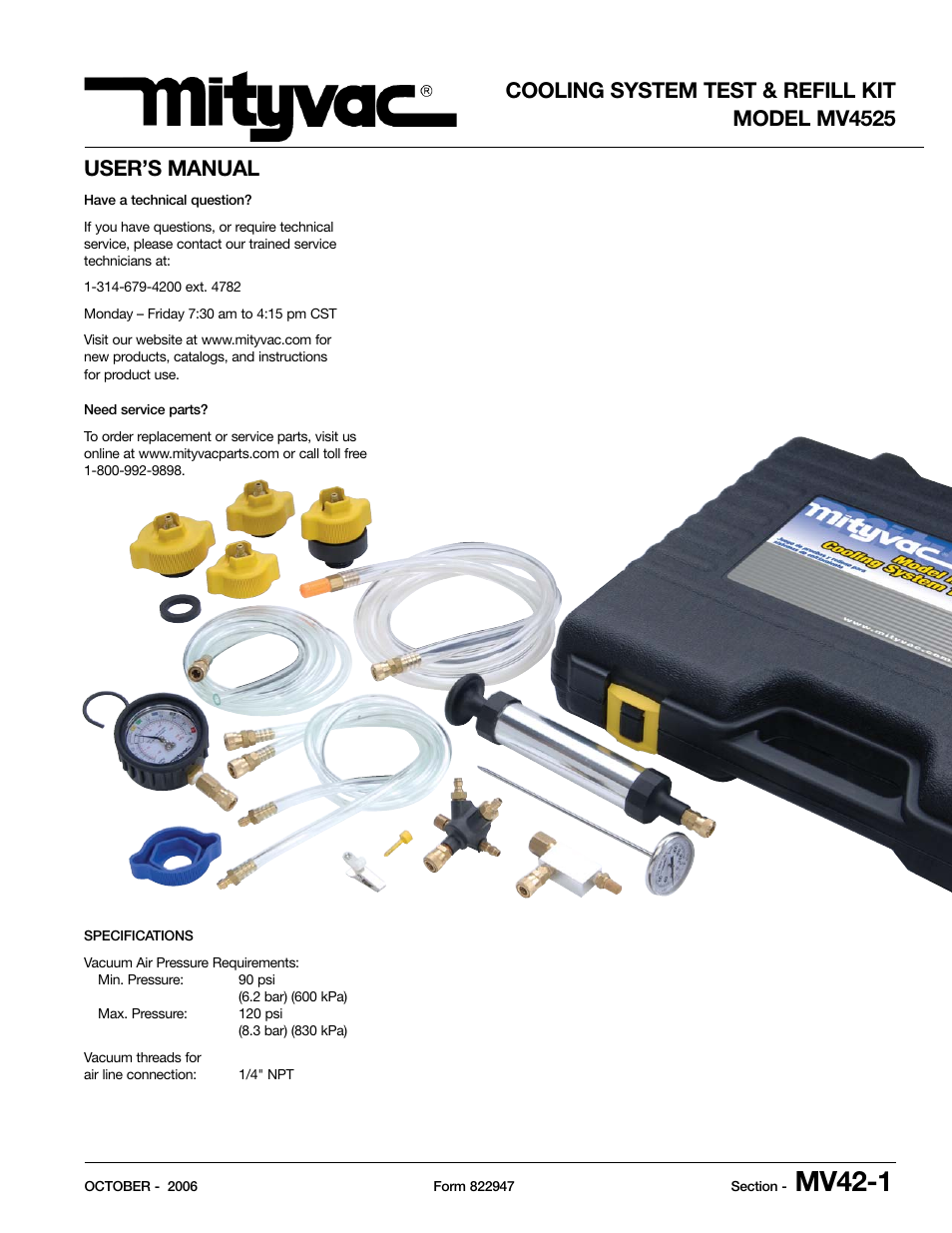 Mityvac MV4525 COOLING SYSTEM TEST & REFILL KIT User Manual | 70 pages