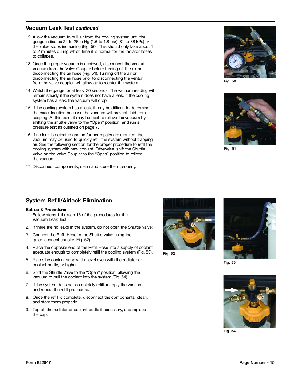 Vacuum leak test, System refill/airlock elimination | Mityvac MV4525 COOLING SYSTEM TEST & REFILL KIT User Manual | Page 15 / 70