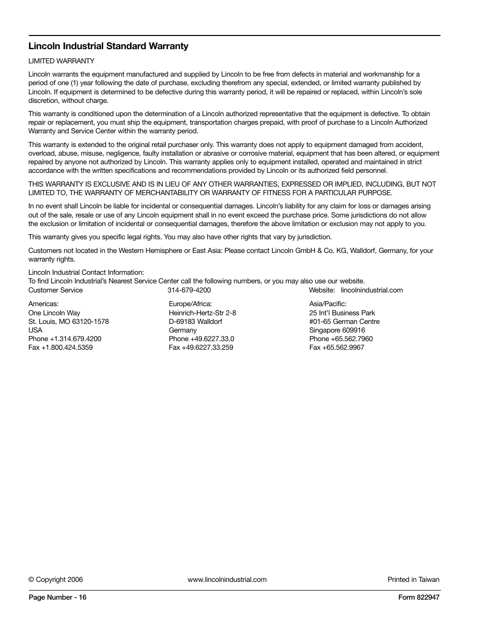 Lincoln industrial standard warranty | Mityvac MV4525 COOLING SYSTEM TEST & REFILL KIT User Manual | Page 16 / 70