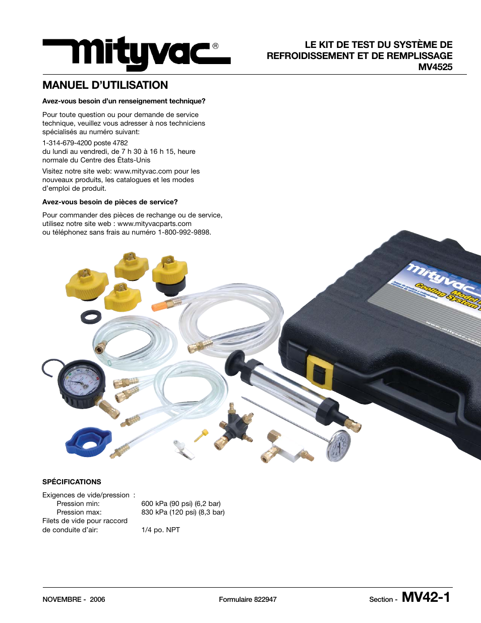 Mv4525_french.pdf, Mv42-1, Manuel d’utilisation | Mityvac MV4525 COOLING SYSTEM TEST & REFILL KIT User Manual | Page 17 / 70