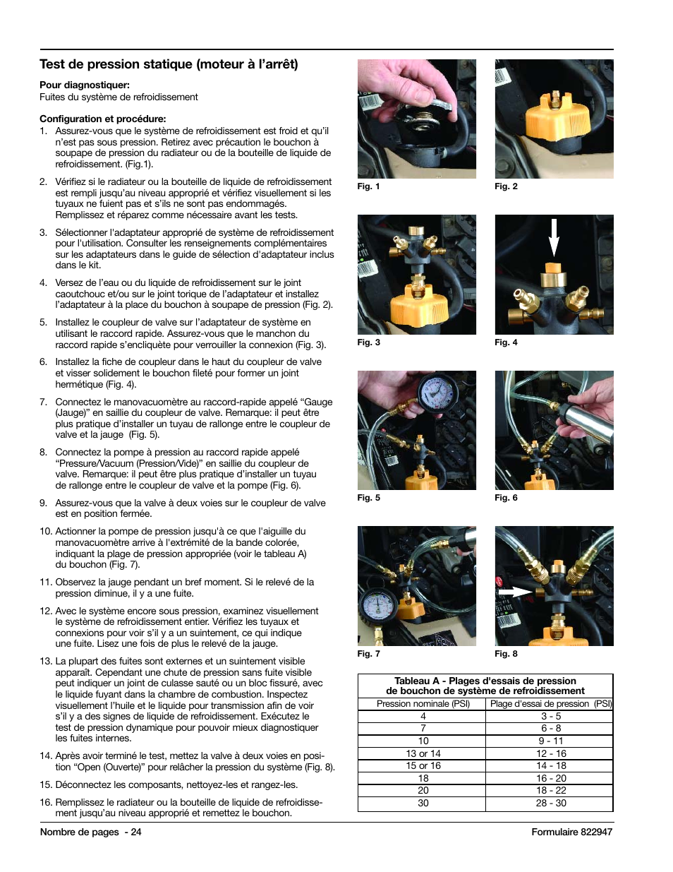 Test de pression statique (moteur à l’arrêt) | Mityvac MV4525 COOLING SYSTEM TEST & REFILL KIT User Manual | Page 24 / 70