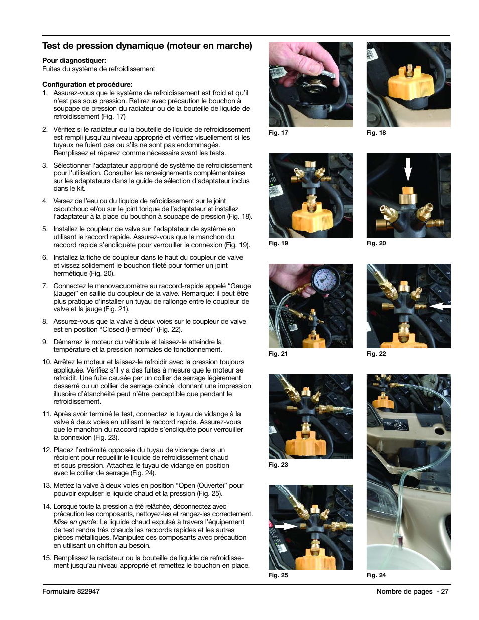 Test de pression dynamique (moteur en marche) | Mityvac MV4525 COOLING SYSTEM TEST & REFILL KIT User Manual | Page 27 / 70