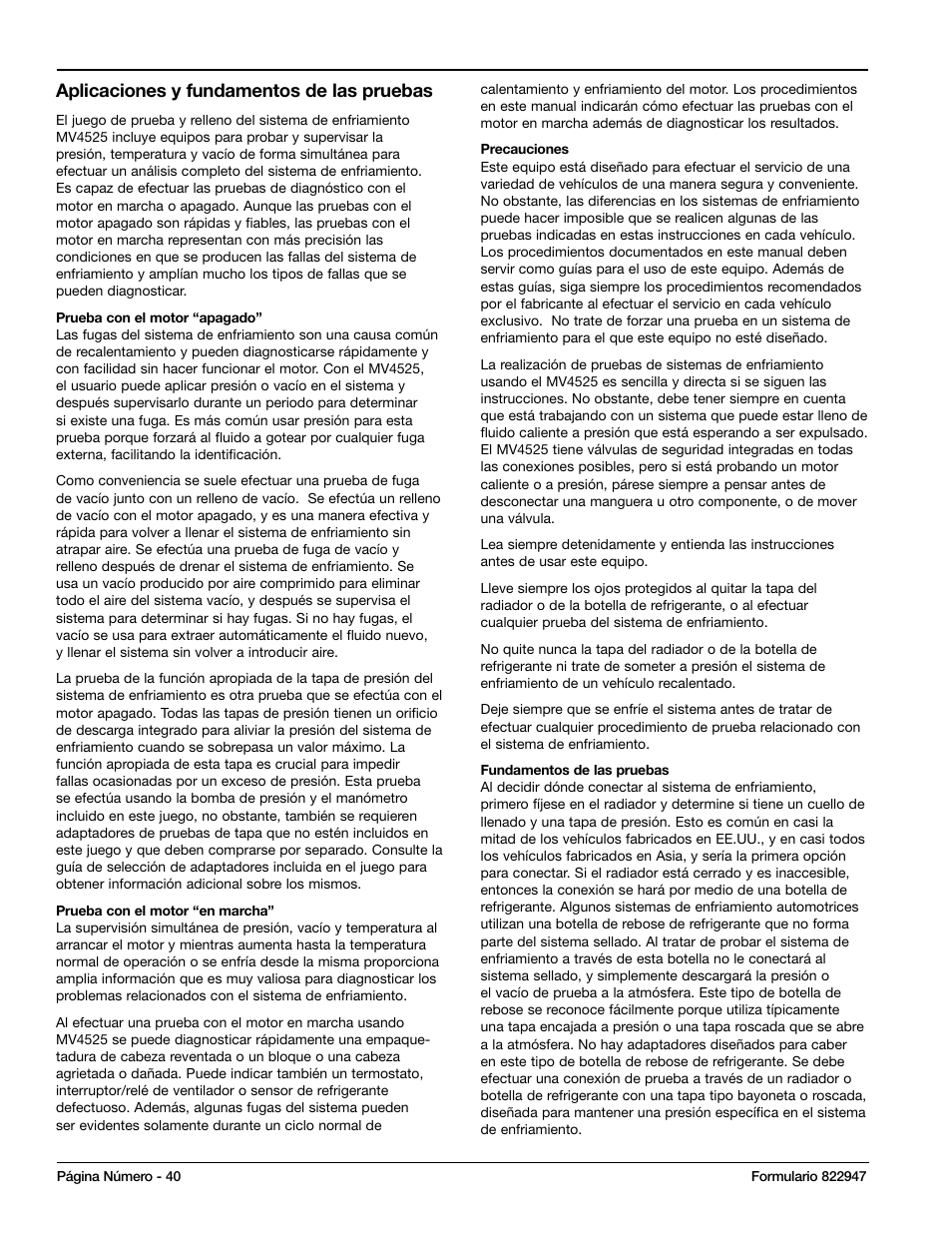 Aplicaciones y fundamentos de las pruebas | Mityvac MV4525 COOLING SYSTEM TEST & REFILL KIT User Manual | Page 40 / 70