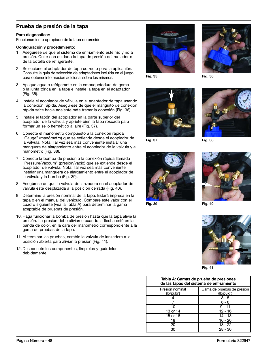 Prueba de presión de la tapa | Mityvac MV4525 COOLING SYSTEM TEST & REFILL KIT User Manual | Page 48 / 70