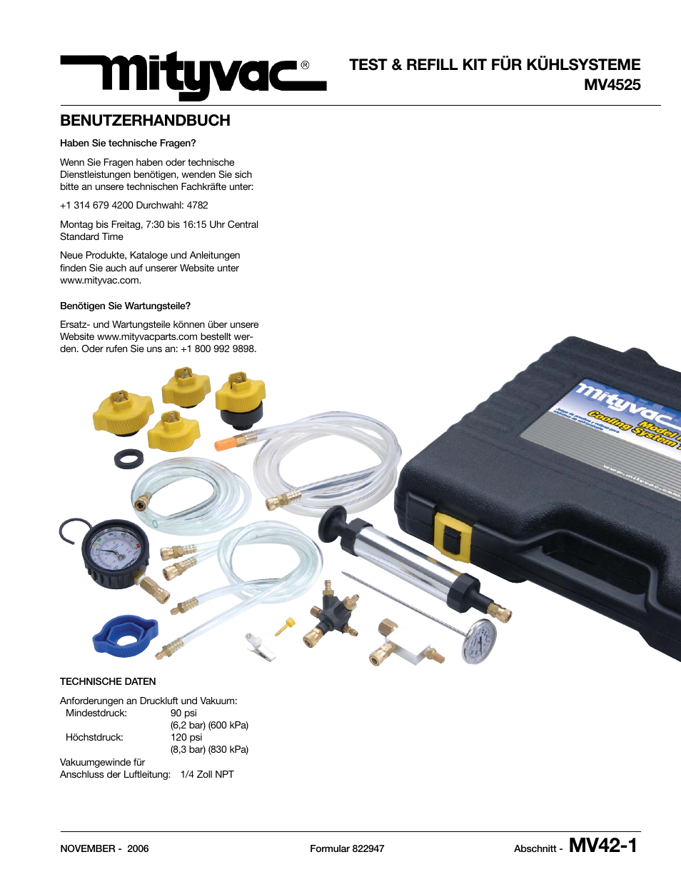 Mv4525_german.pdf, Mv42-1, Benutzerhandbuch | Test & refill kit für kühlsysteme mv4525 | Mityvac MV4525 COOLING SYSTEM TEST & REFILL KIT User Manual | Page 53 / 70
