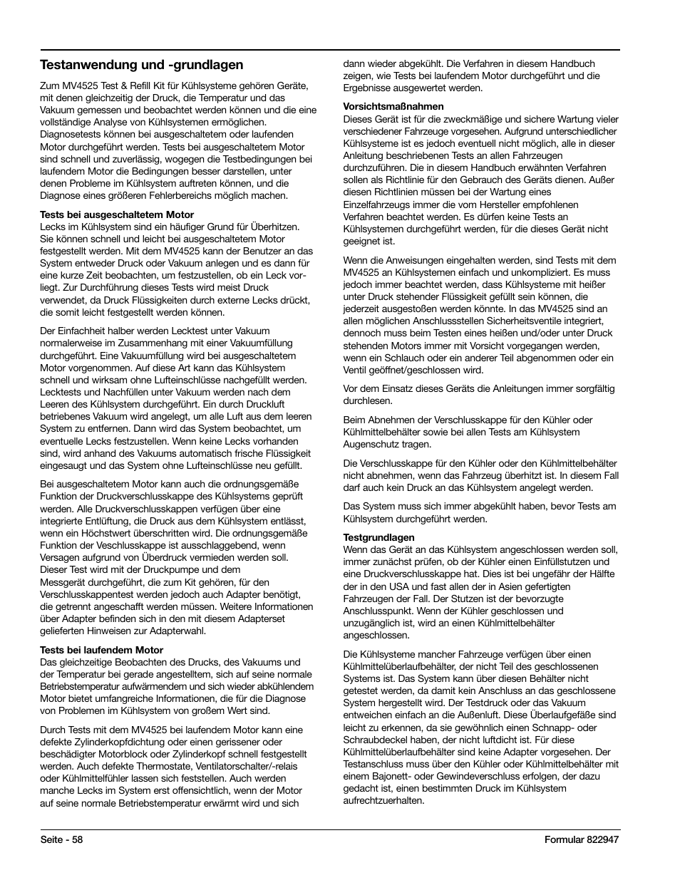Testanwendung und -grundlagen | Mityvac MV4525 COOLING SYSTEM TEST & REFILL KIT User Manual | Page 58 / 70