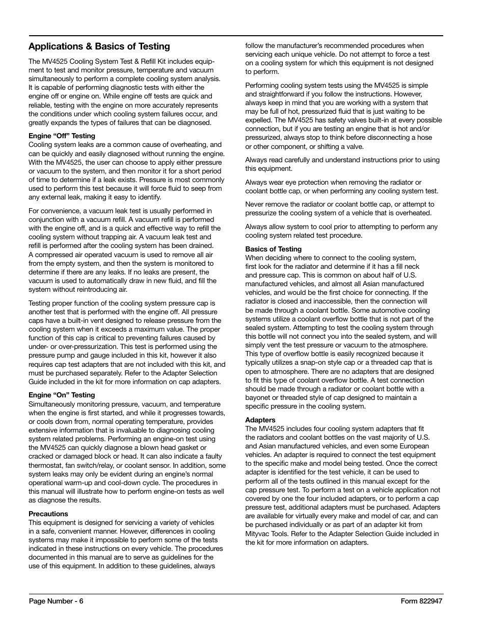 Applications & basics of testing | Mityvac MV4525 COOLING SYSTEM TEST & REFILL KIT User Manual | Page 6 / 70
