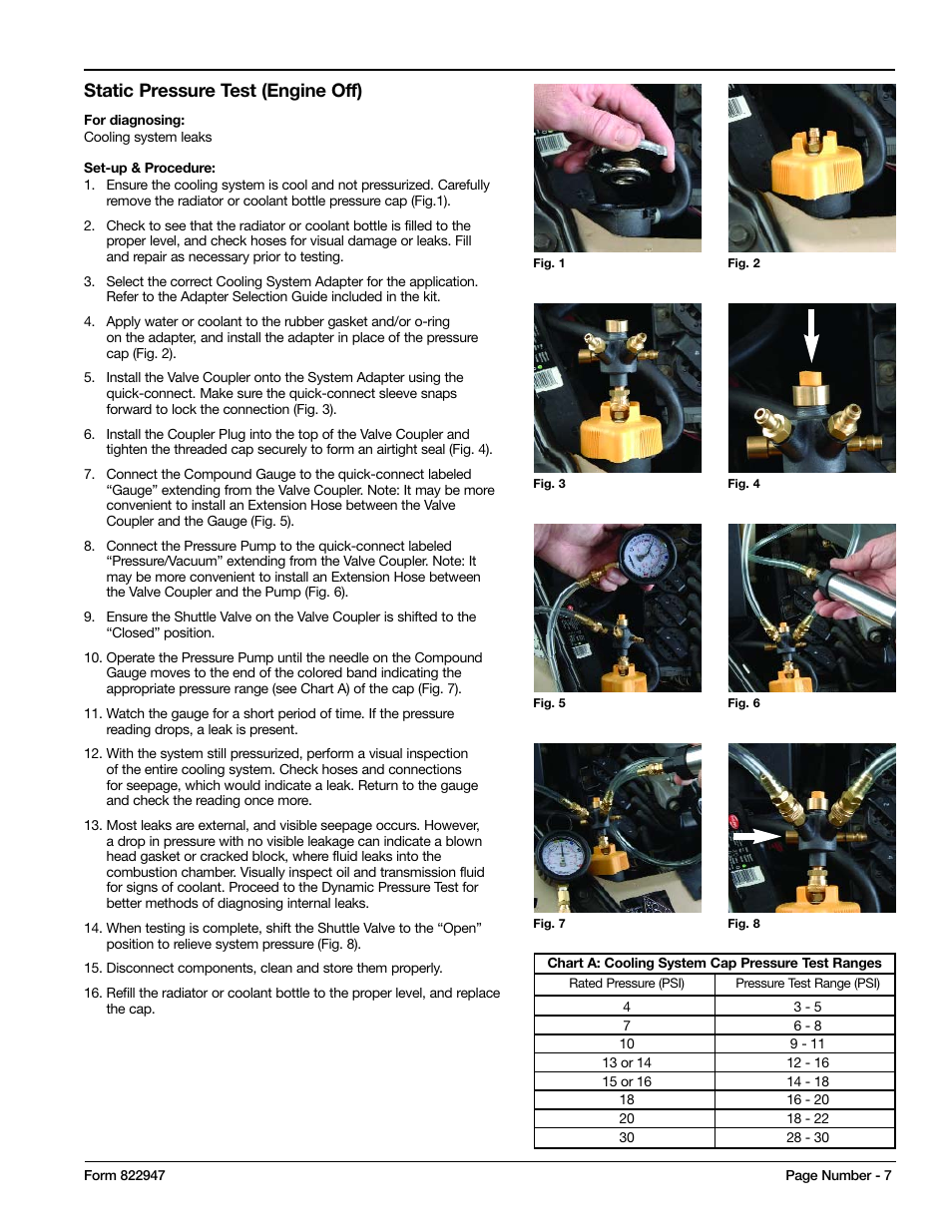 Static pressure test (engine off) | Mityvac MV4525 COOLING SYSTEM TEST & REFILL KIT User Manual | Page 7 / 70