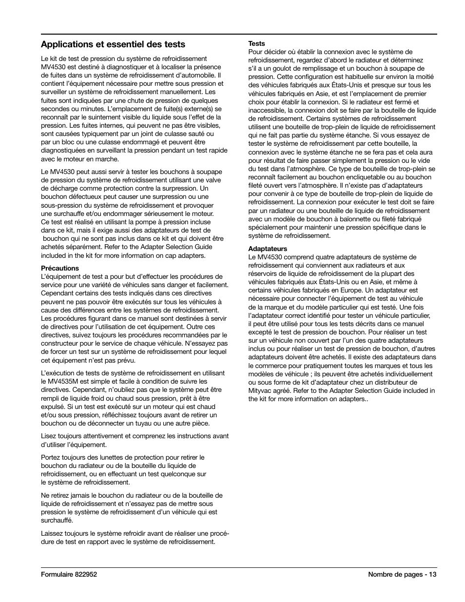 Applications et essentiel des tests | Mityvac MV4530 COOLING SYSTEM PRESSURE TEST KIT User Manual | Page 13 / 28