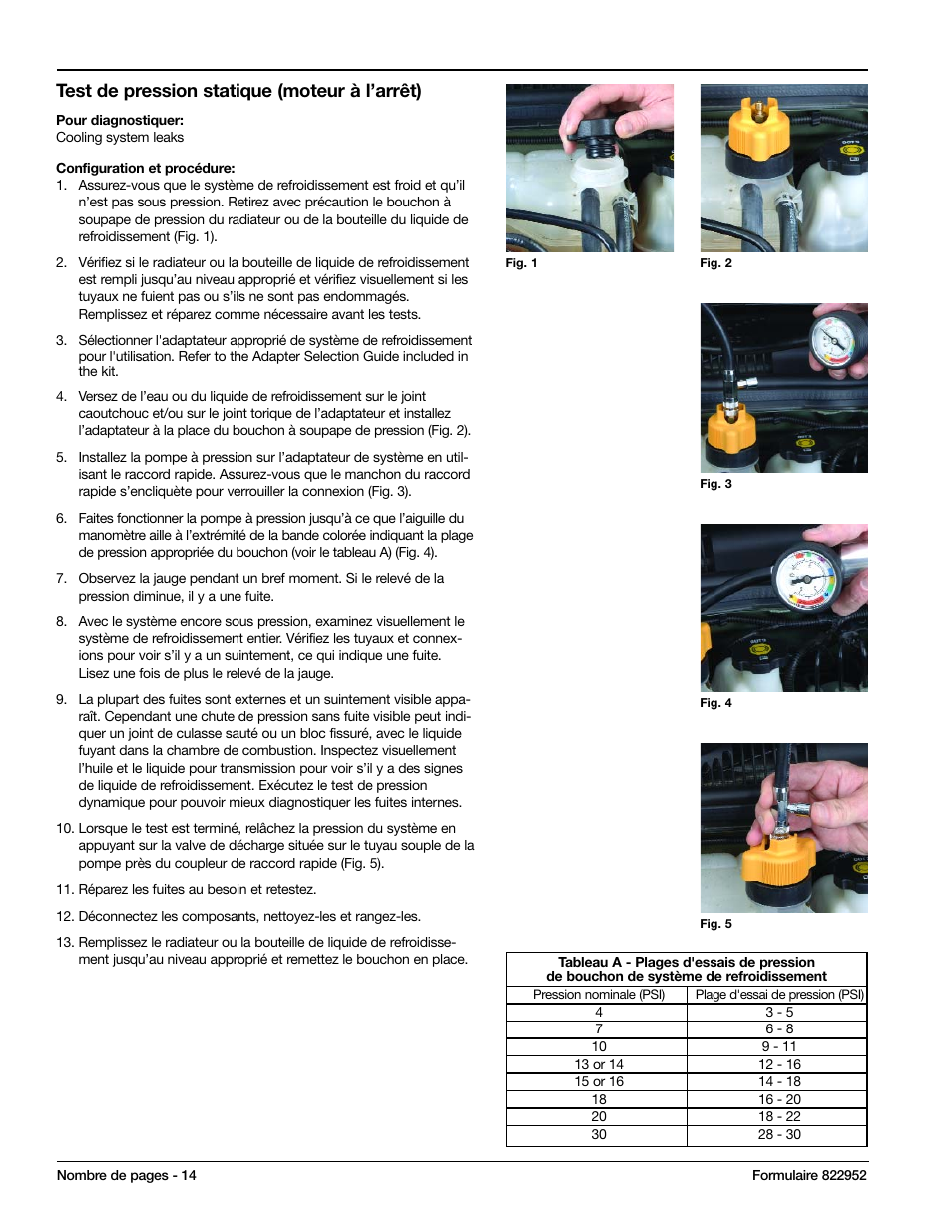 Test de pression statique (moteur à l’arrêt) | Mityvac MV4530 COOLING SYSTEM PRESSURE TEST KIT User Manual | Page 14 / 28
