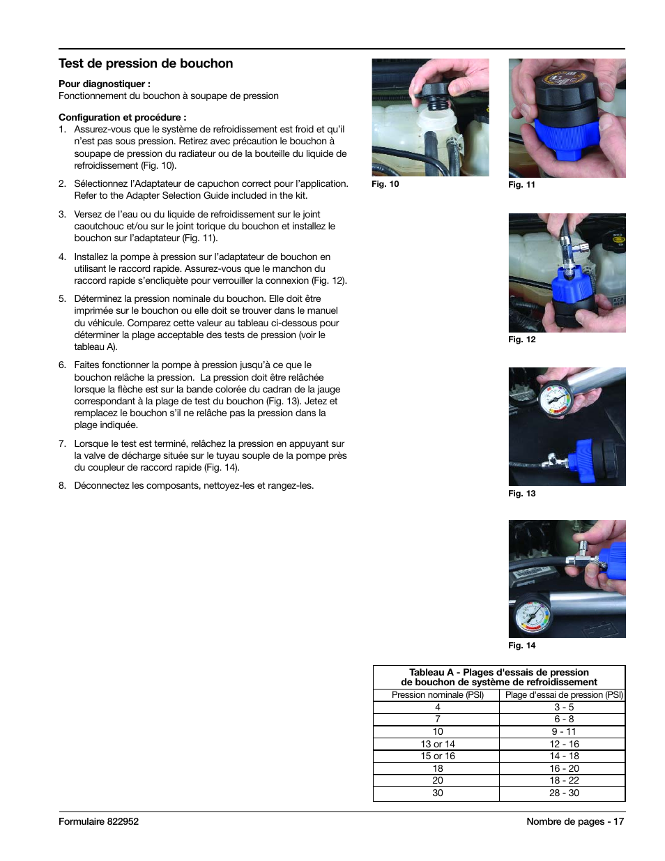 Test de pression de bouchon | Mityvac MV4530 COOLING SYSTEM PRESSURE TEST KIT User Manual | Page 17 / 28