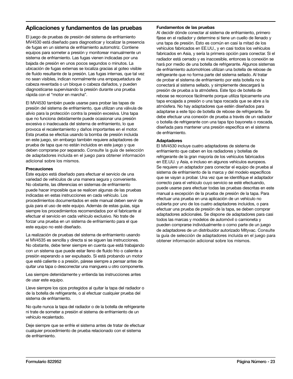 Aplicaciones y fundamentos de las pruebas | Mityvac MV4530 COOLING SYSTEM PRESSURE TEST KIT User Manual | Page 23 / 28