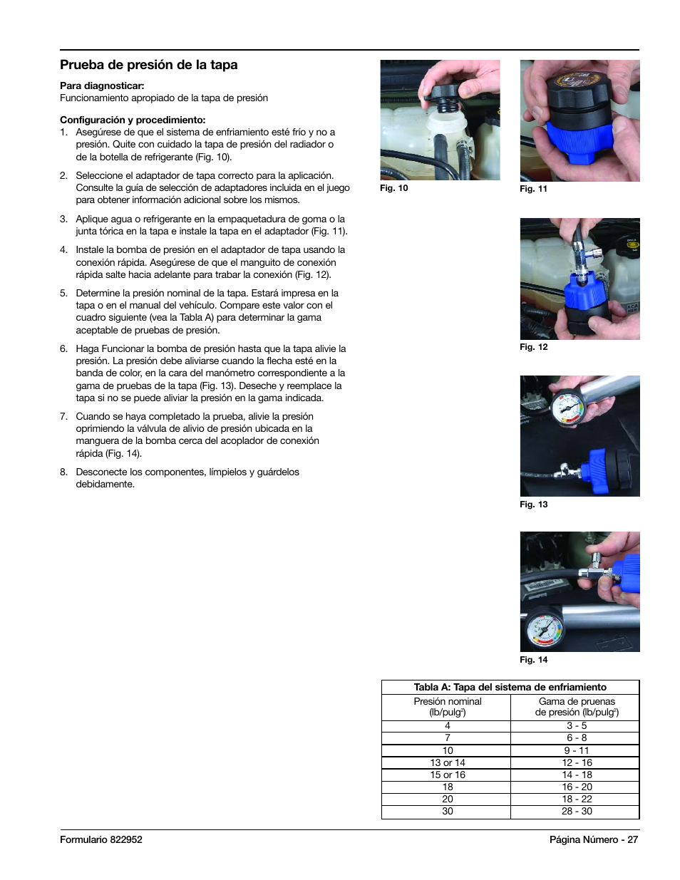 Prueba de presión de la tapa | Mityvac MV4530 COOLING SYSTEM PRESSURE TEST KIT User Manual | Page 27 / 28