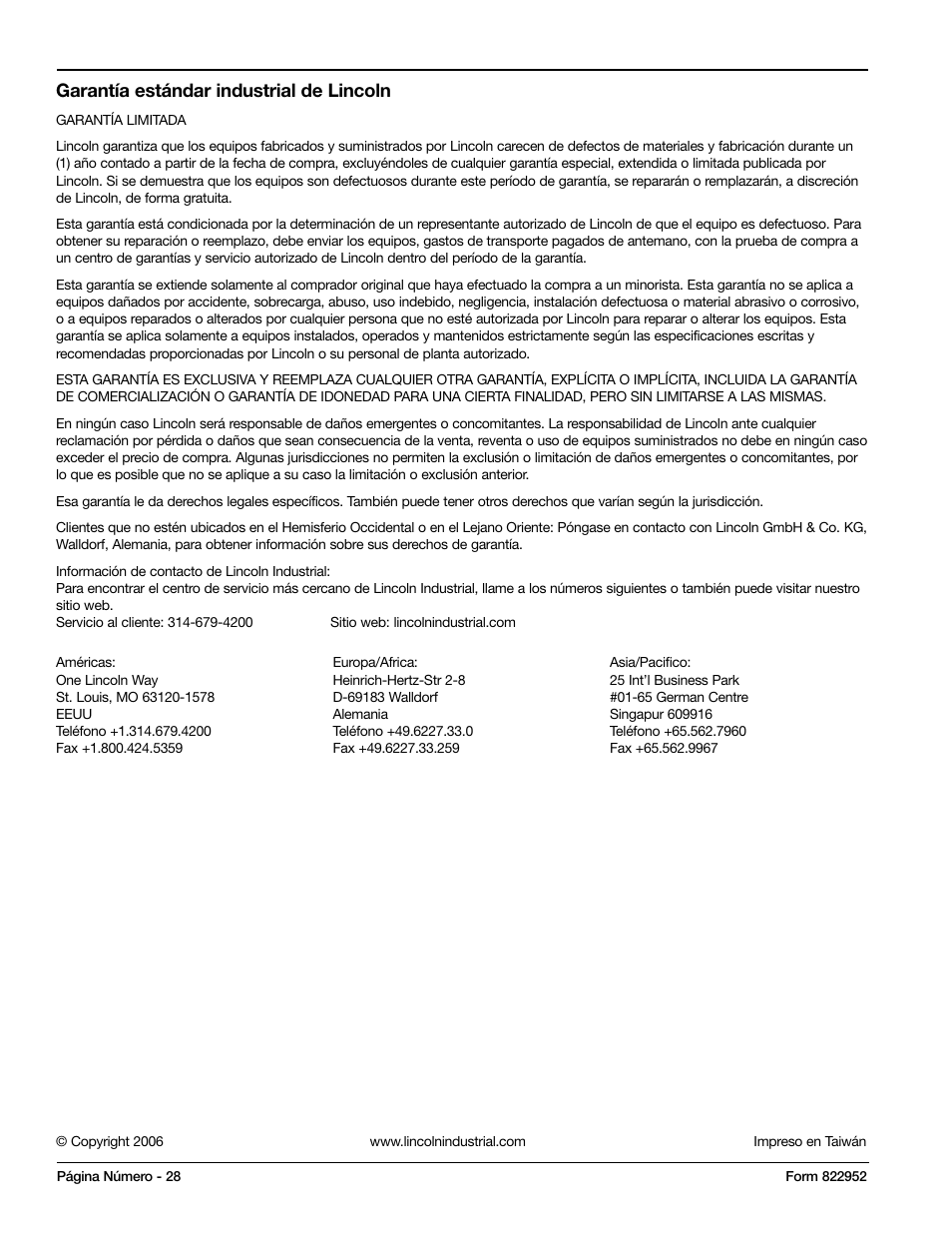 Garantía estándar industrial de lincoln | Mityvac MV4530 COOLING SYSTEM PRESSURE TEST KIT User Manual | Page 28 / 28
