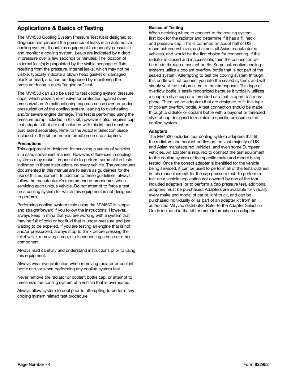 Applications & basics of testing | Mityvac MV4530 COOLING SYSTEM PRESSURE TEST KIT User Manual | Page 4 / 28