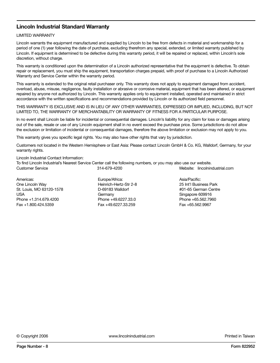 Lincoln industrial standard warranty | Mityvac MV4530 COOLING SYSTEM PRESSURE TEST KIT User Manual | Page 8 / 28