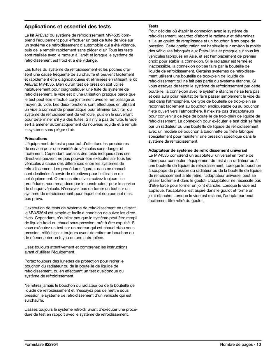 Applications et essentiel des tests | Mityvac MV4535 COOLING SYSTEM AIREVAC KIT User Manual | Page 13 / 24