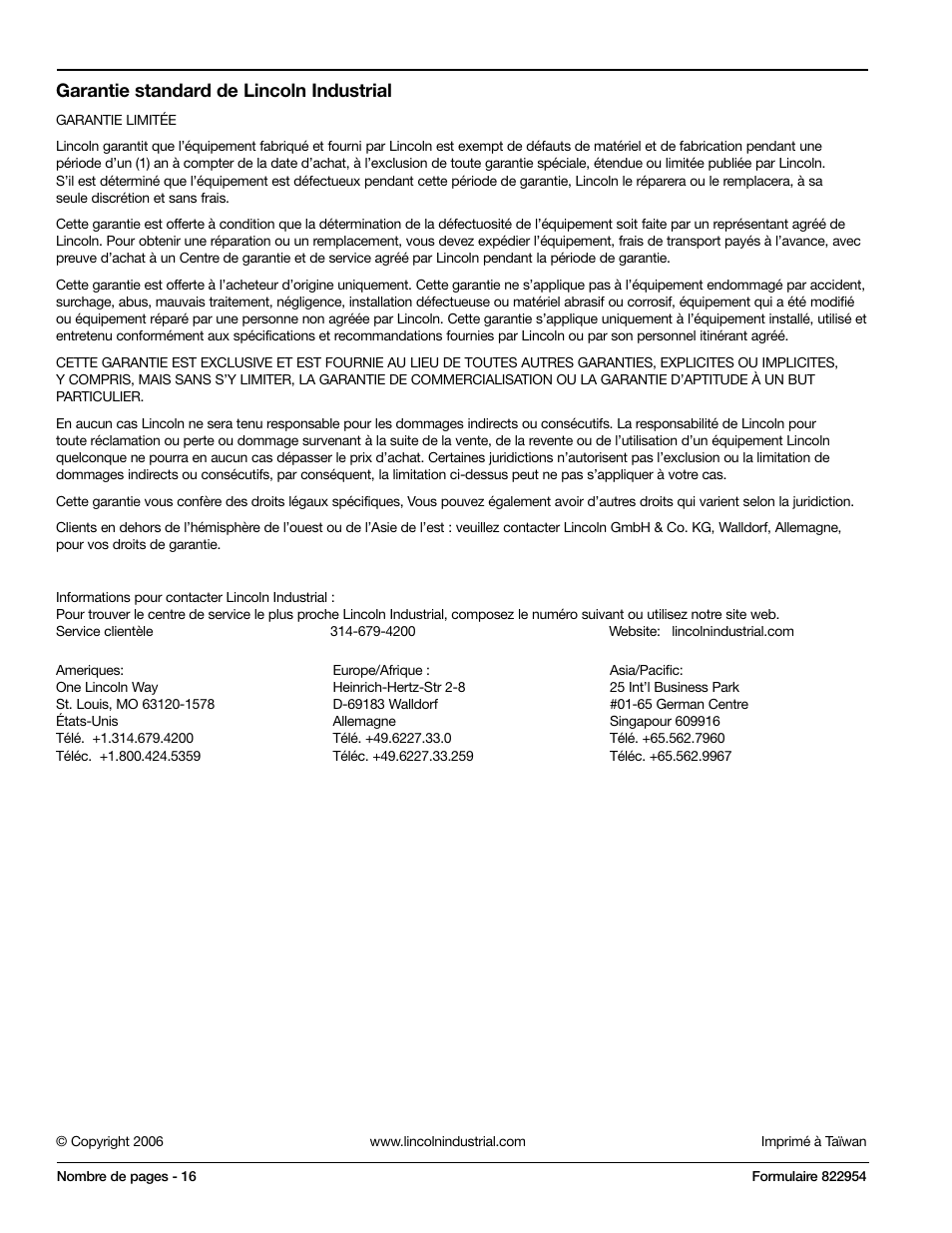 Garantie standard de lincoln industrial | Mityvac MV4535 COOLING SYSTEM AIREVAC KIT User Manual | Page 16 / 24