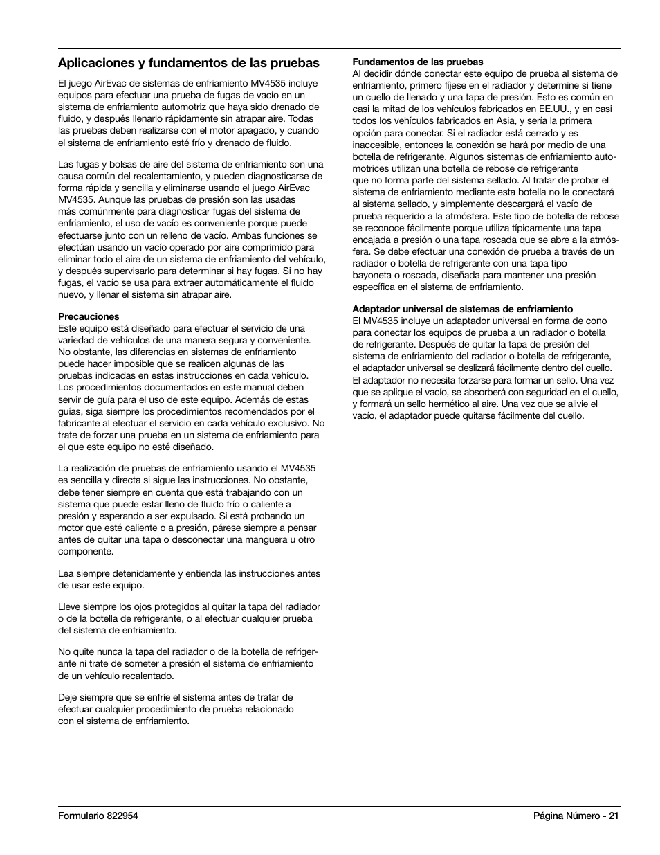 Aplicaciones y fundamentos de las pruebas | Mityvac MV4535 COOLING SYSTEM AIREVAC KIT User Manual | Page 21 / 24