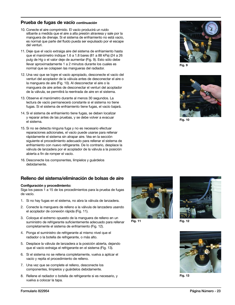 Prueba de fugas de vacío, Relleno del sistema/eliminación de bolsas de aire | Mityvac MV4535 COOLING SYSTEM AIREVAC KIT User Manual | Page 23 / 24