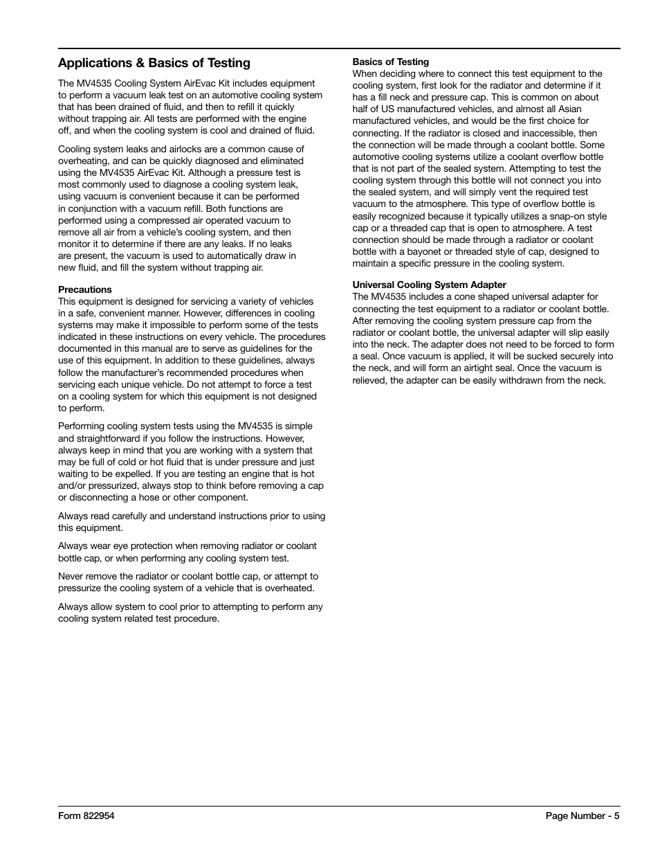 Applications & basics of testing | Mityvac MV4535 COOLING SYSTEM AIREVAC KIT User Manual | Page 5 / 24