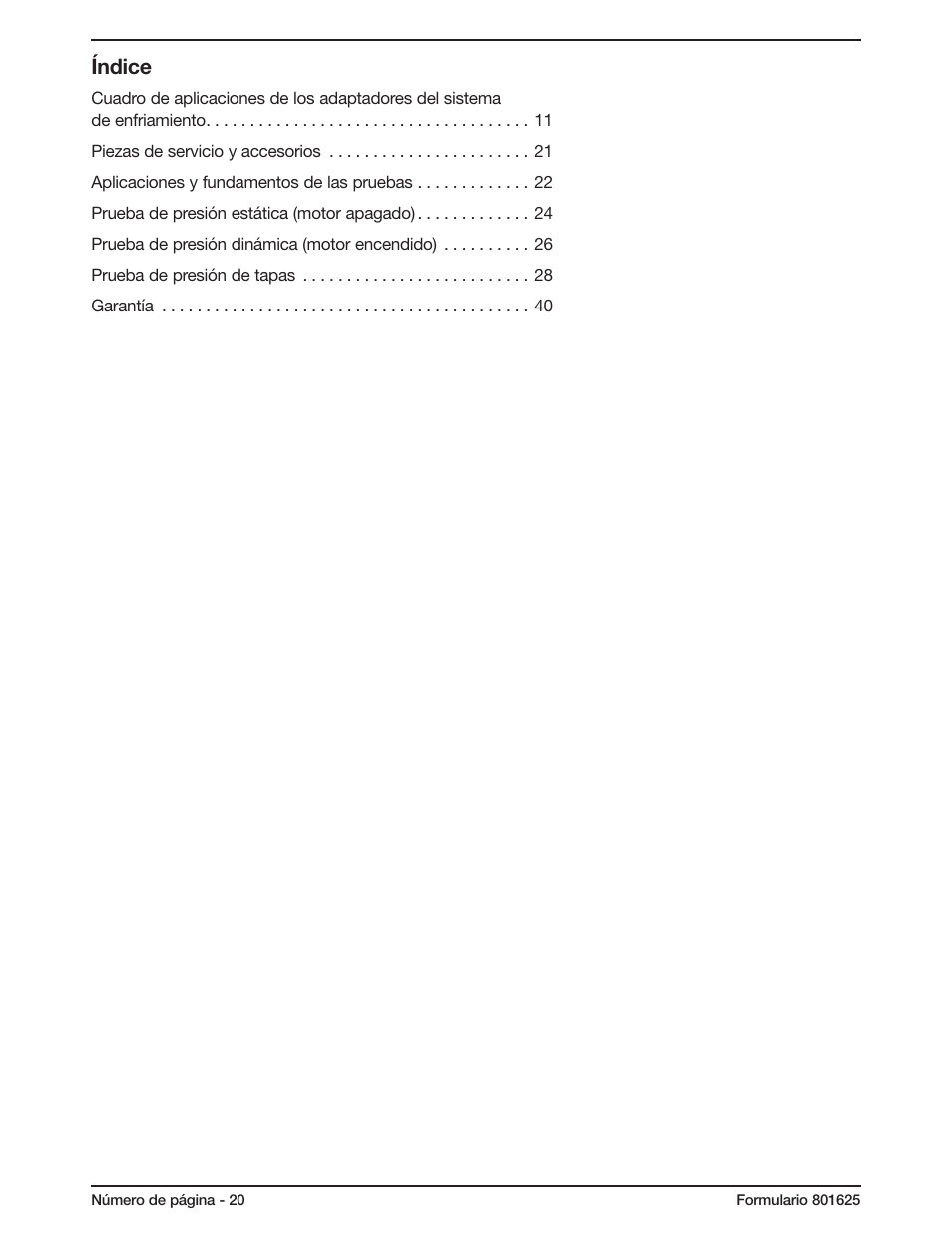 Índice | Mityvac MV4560 COOLING SYSTEM TEST KIT User Manual | Page 20 / 40