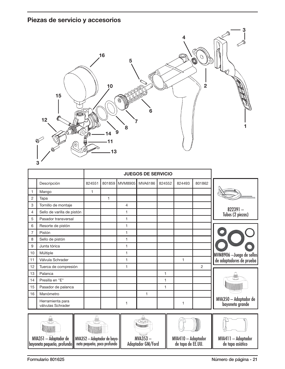 Piezas de servicio y accesorios | Mityvac MV4560 COOLING SYSTEM TEST KIT User Manual | Page 21 / 40