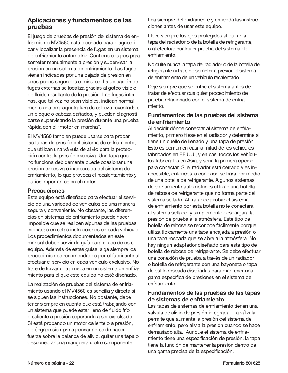 Aplicaciones y fundamentos de las pruebas | Mityvac MV4560 COOLING SYSTEM TEST KIT User Manual | Page 22 / 40