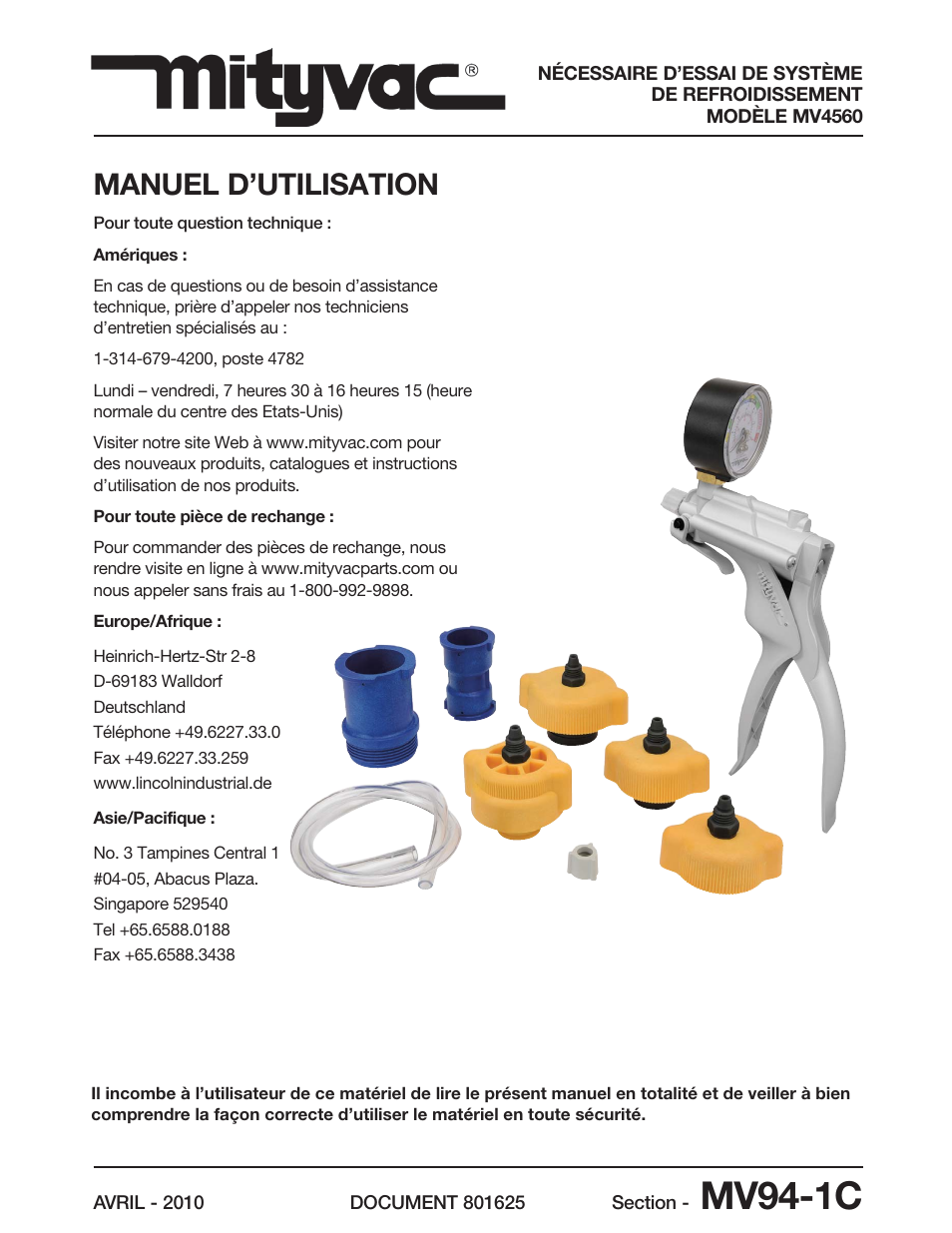 Mv94-1c, Manuel d’utilisation | Mityvac MV4560 COOLING SYSTEM TEST KIT User Manual | Page 29 / 40