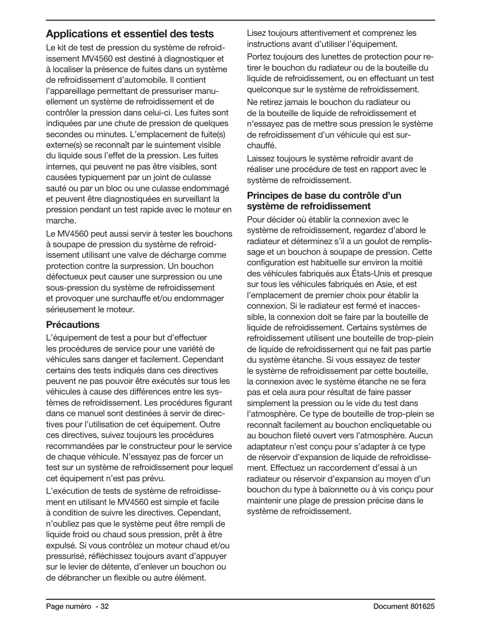 Applications et essentiel des tests | Mityvac MV4560 COOLING SYSTEM TEST KIT User Manual | Page 32 / 40