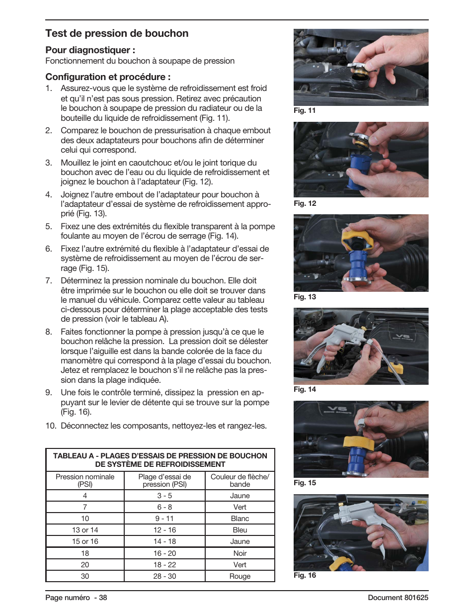 Test de pression de bouchon, Pour diagnostiquer, Configuration et procédure | Mityvac MV4560 COOLING SYSTEM TEST KIT User Manual | Page 38 / 40