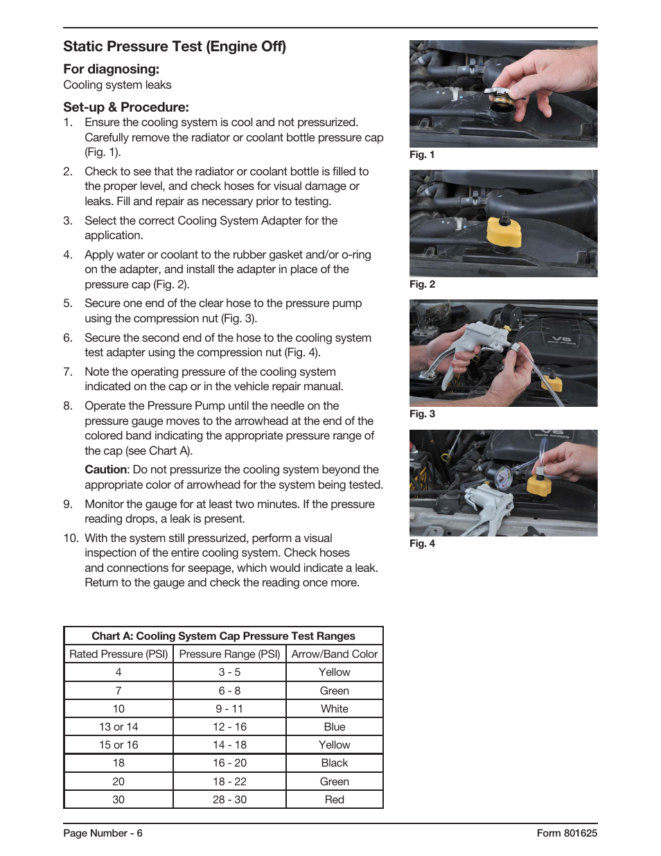 Static pressure test (engine off) | Mityvac MV4560 COOLING SYSTEM TEST KIT User Manual | Page 6 / 40