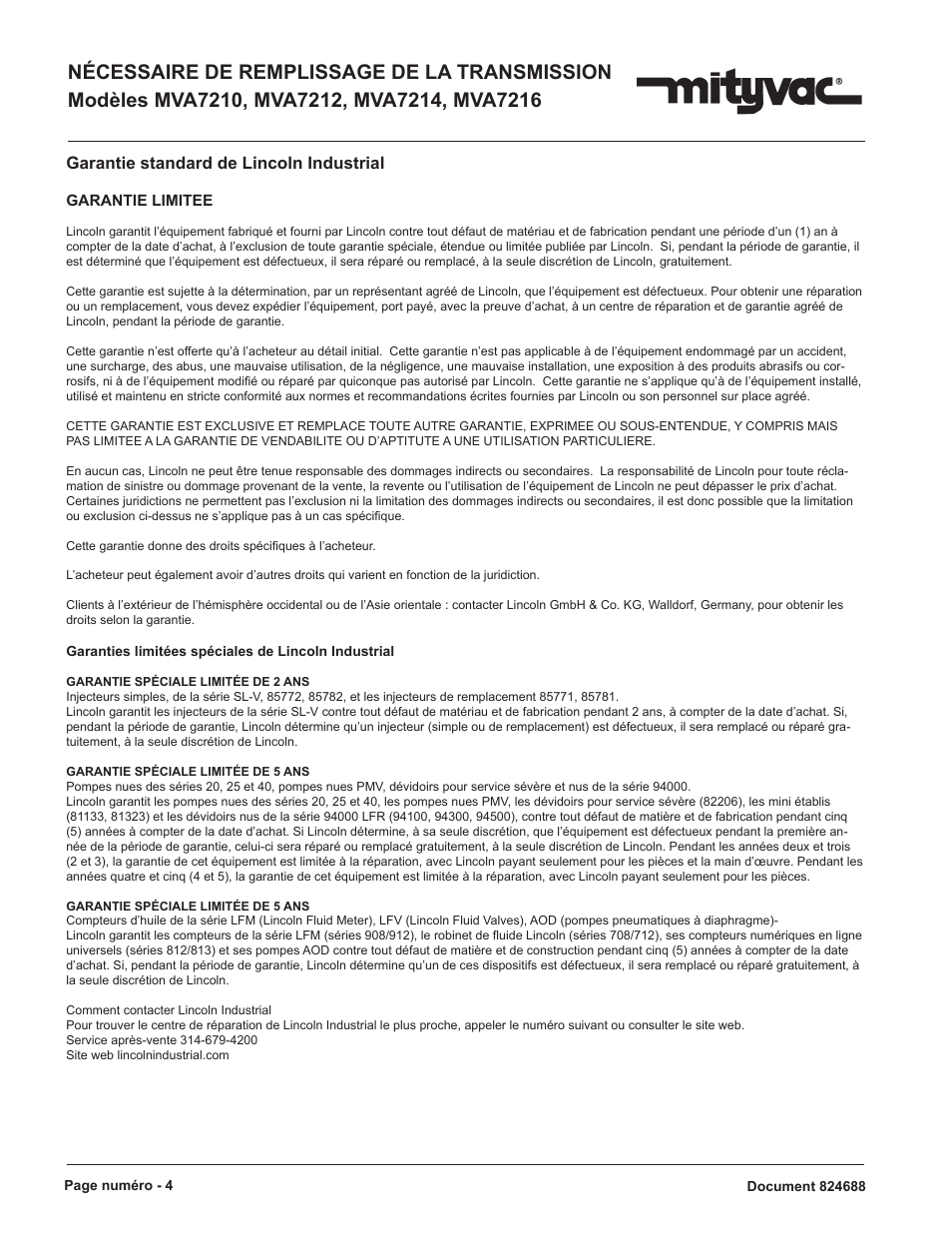 Garantie standard de lincoln industrial | Mityvac MVA7216 TRANSMISSION REFILL KIT User Manual | Page 4 / 6