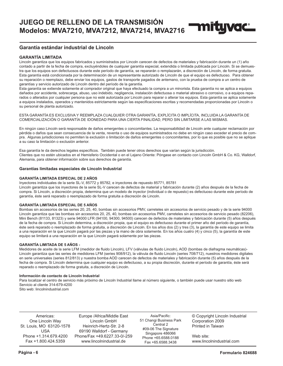 Garantía estándar industrial de lincoln | Mityvac MVA7216 TRANSMISSION REFILL KIT User Manual | Page 6 / 6