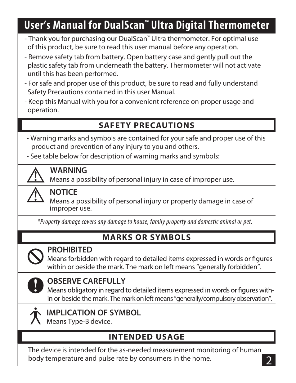 User’s manual for dualscan, Ultra digital thermometer | Mobi Technologies 70120 DualScan ULTRA User Manual | Page 2 / 22
