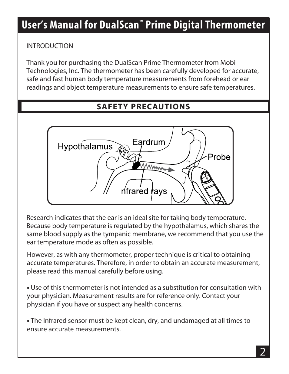 User’s manual for dualscan, Prime digital thermometer | Mobi Technologies 70121 DualScan PRIME User Manual | Page 2 / 22