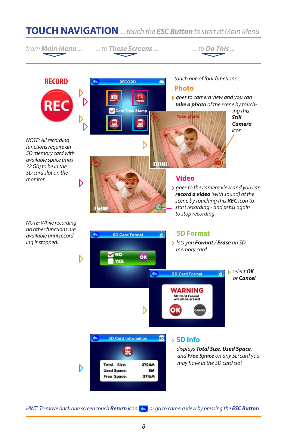 Touch navigation, Record, Touch the esc button to start at main menu | Mobi Technologies 70208 DXR Touch User Manual | Page 10 / 24