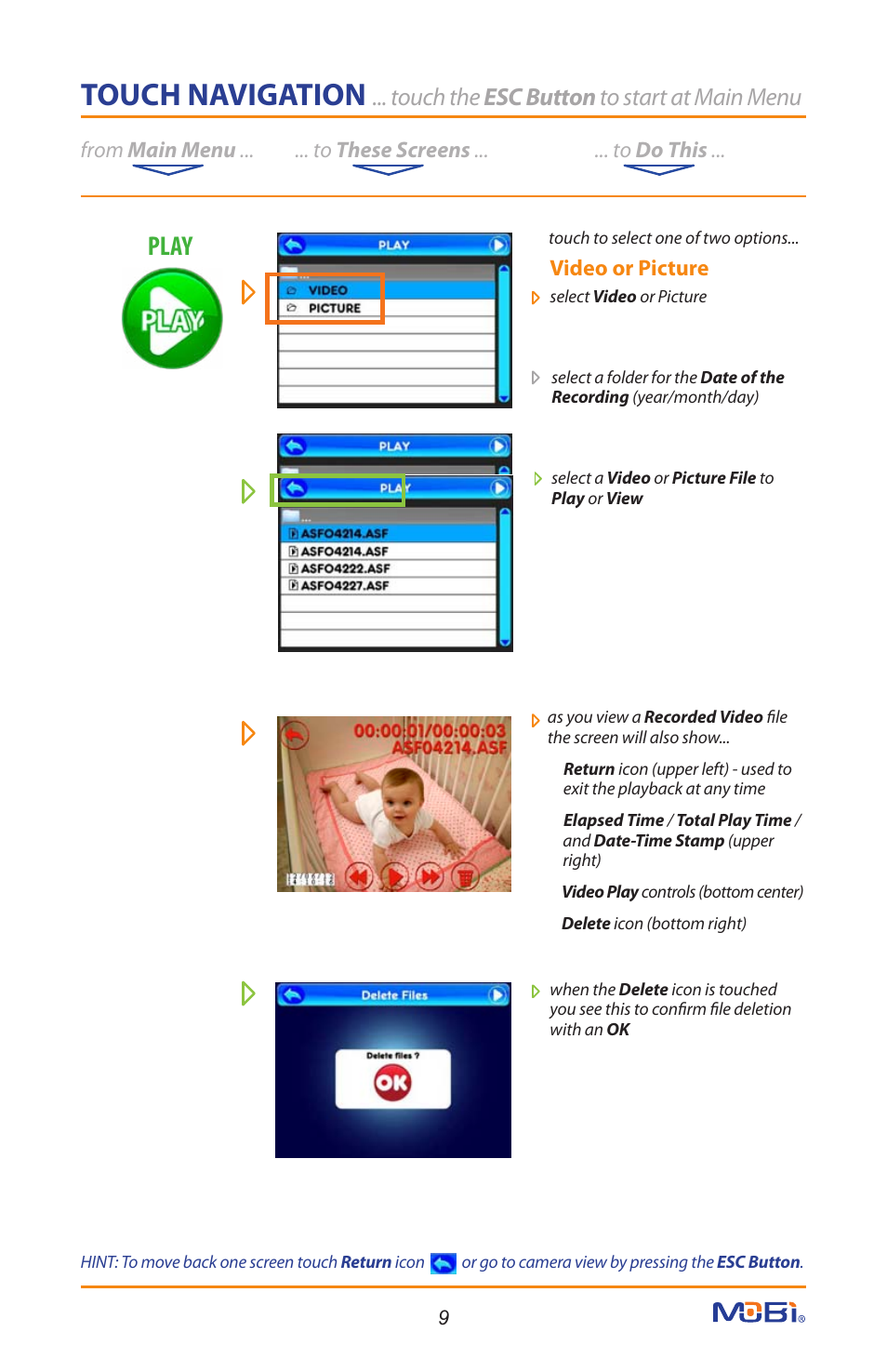 Touch navigation, Play, Touch the esc button to start at main menu | Mobi Technologies 70208 DXR Touch User Manual | Page 11 / 24