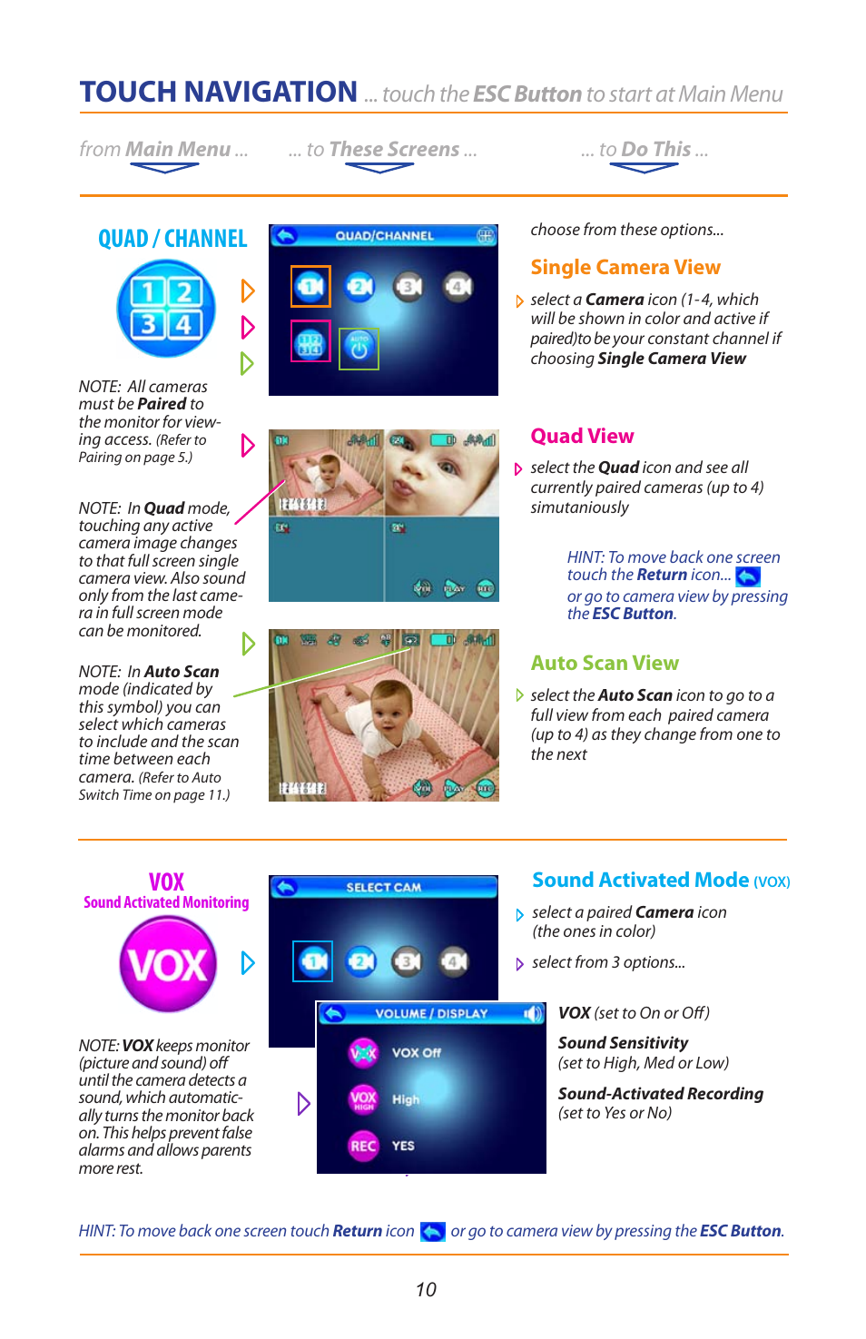 Touch navigation, Quad / channel vox, Touch the esc button to start at main menu | Single camera view, Quad view, Auto scan view, Sound activated mode | Mobi Technologies 70208 DXR Touch User Manual | Page 12 / 24