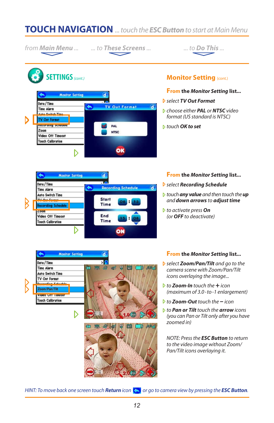 Touch navigation, Settings, Touch the esc button to start at main menu | Monitor setting | Mobi Technologies 70208 DXR Touch User Manual | Page 14 / 24