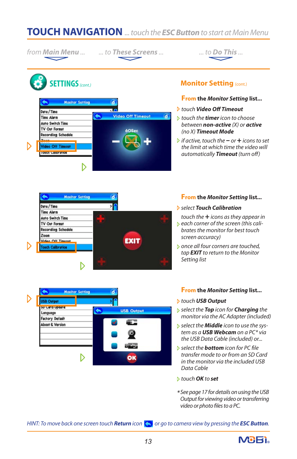 Touch navigation, Settings, Touch the esc button to start at main menu | Monitor setting | Mobi Technologies 70208 DXR Touch User Manual | Page 15 / 24