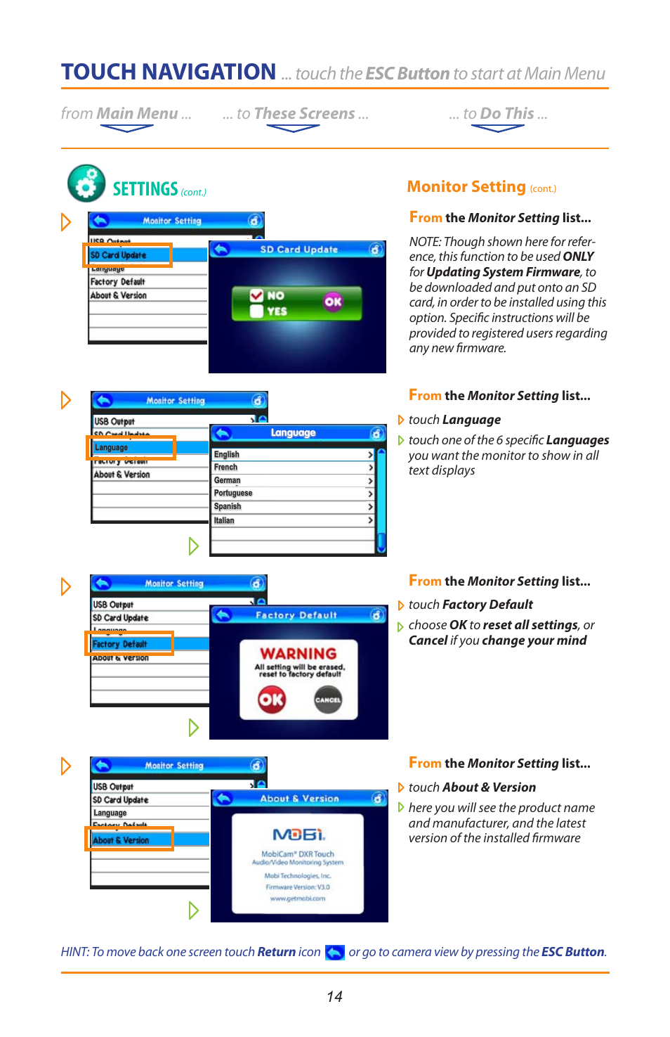 Touch navigation, Settings, Touch the esc button to start at main menu | Monitor setting | Mobi Technologies 70208 DXR Touch User Manual | Page 16 / 24