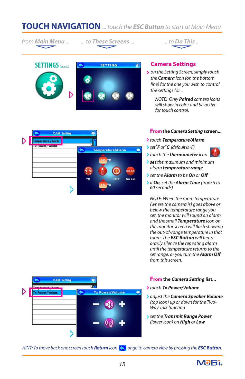 Touch navigation, Settings, Touch the esc button to start at main menu | Camera settings | Mobi Technologies 70208 DXR Touch User Manual | Page 17 / 24