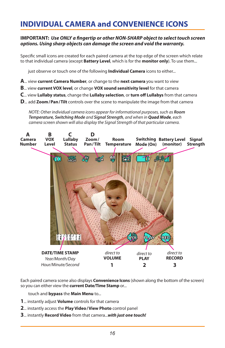 Individual camera and convenience icons | Mobi Technologies 70208 DXR Touch User Manual | Page 18 / 24