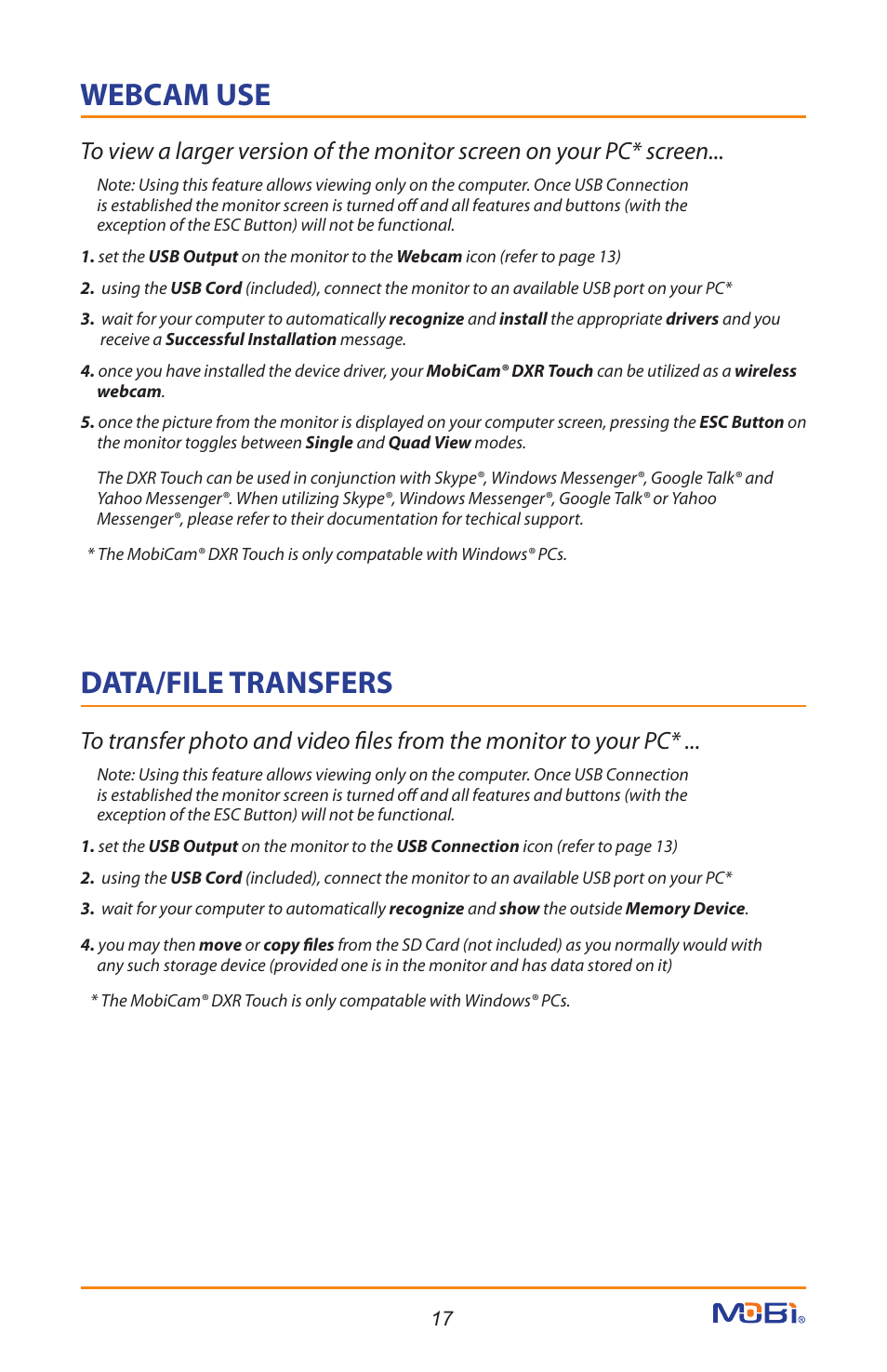 Webcam use data/file transfers | Mobi Technologies 70208 DXR Touch User Manual | Page 19 / 24